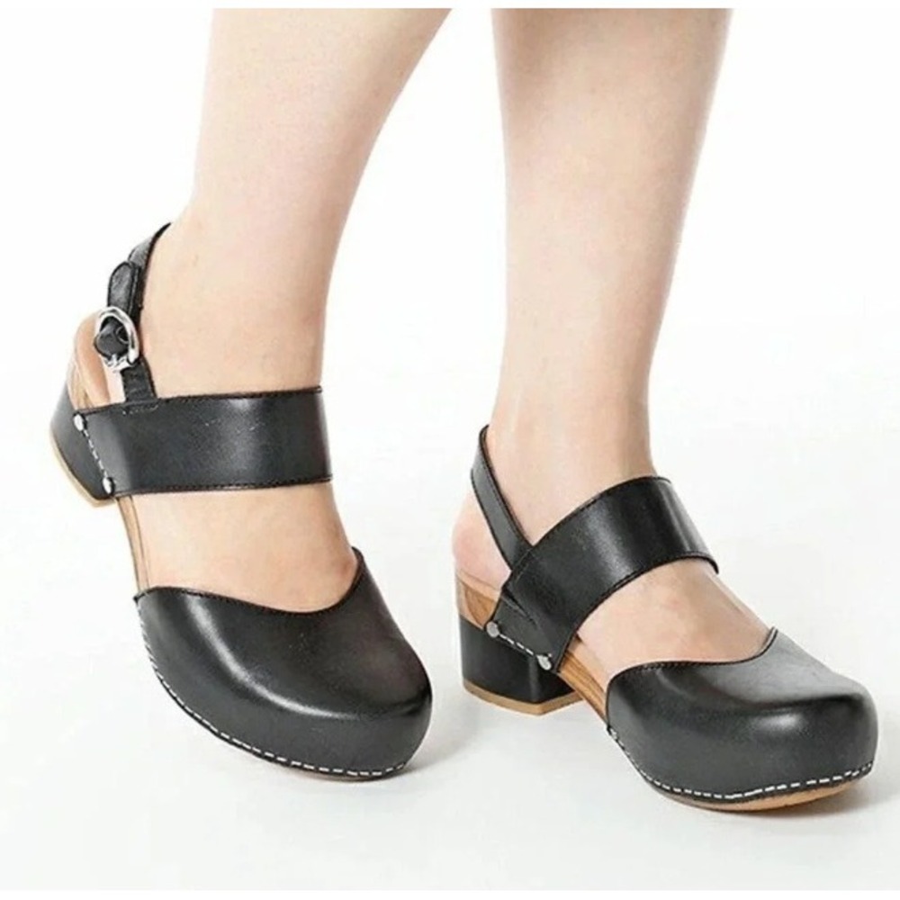Dansko Malin Black Leather Block Heel Studded Clog Sandals 9.5 Office Comfort